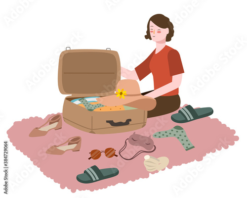 Women prepare clothes put suitcase for travel white isolated background with flat cartoon style