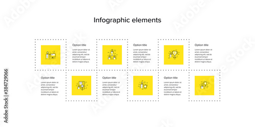 Business process chart infographics with 6 step squares. Rectangular corporate workflow graphic elements. Company flowchart presentation slide template. Vector info graphic design.