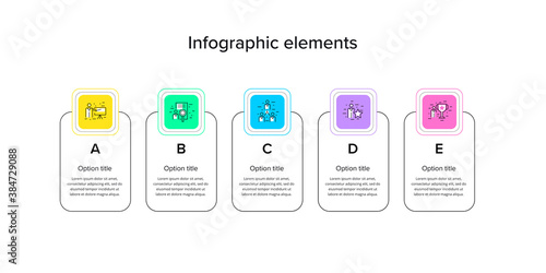 Business process chart infographics with 5 step squares. Rectangular corporate workflow graphic elements. Company flowchart presentation slide template. Vector info graphic design.