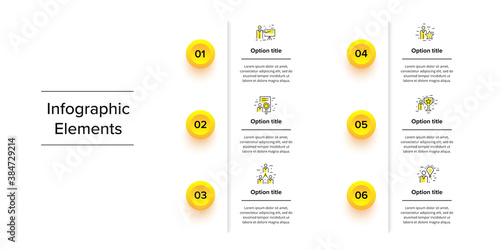 Business process chart infographics with 6 step circles. Circular corporate workflow graphic elements. Company flowchart presentation slide template. Vector info graphic design.