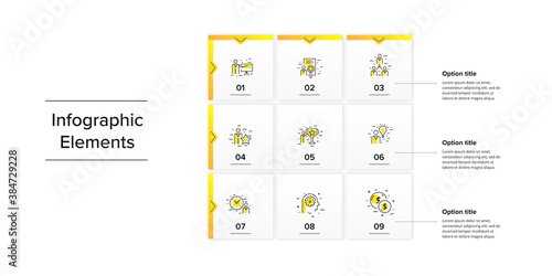 Business square matrix chart infographics with 9 step rectangles. Corporate grid diagram graphic elements. Company presentation table. Slide template. Vector info graphic design.