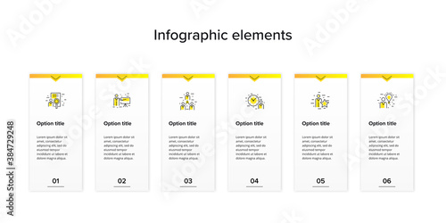 Business process chart infographics with 6 step squares. Rectangular corporate workflow graphic elements. Company flowchart presentation slide template. Vector info graphic design.
