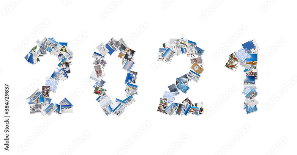 2021, snow and winter stack of photos isolated on panoramic white background
