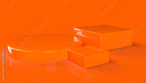 Abstract 3d render, geometric composition, orange color background design with cubes and cylinder