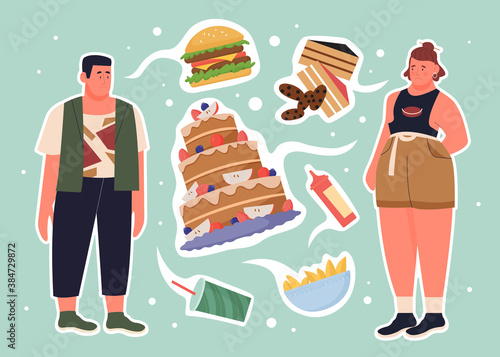 People dream of unhealthy food vector illustration. Cartoon fat sad man woman characters dreaming about cake and cola drink, burger, thought of fastfood and sweet junk food concept creative background