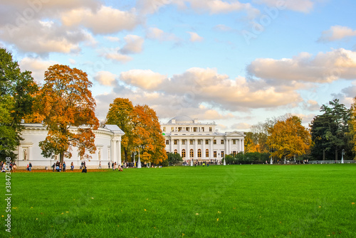 Palace, kitchen building and oil meadow in Elagin Park, St. Petersburg, Russia