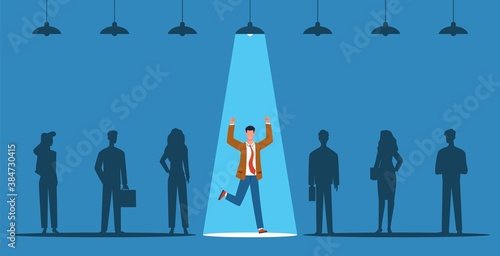 Business hiring. Spotlight on person from candidates. Talent people selection, career opportunity, human resource recruitment, jobs agency choice process and competition vector concept