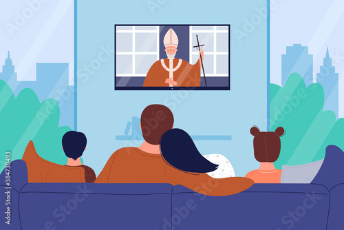 Family people watch church religion tv news vector illustration. Cartoon flat mother father and children characters watching religious sermon television channel, sitting on sofa together background