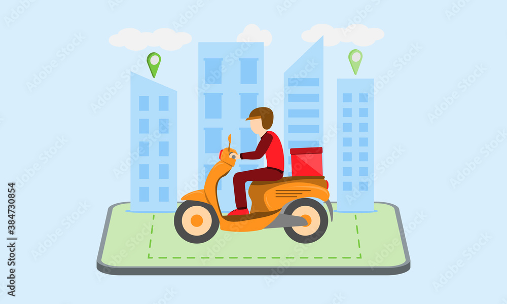 Online food delivery by scooter concept on mobile. Food Service.Vector Illustration.
