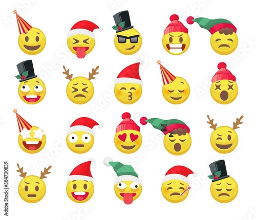 Christmas funny emoji. Cute holiday emotion yellow faces in hats or reindeers horns, positive smiley heads, xmas and new year festive sticker collection, chat icons cartoon vector set