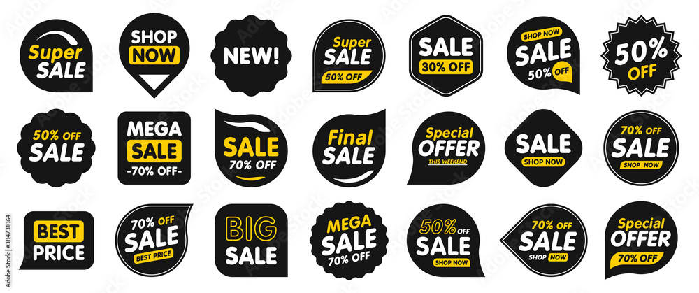 Set of Sale badges. Sale quality tags and labels. Template banner shopping badges. Special offer, sale, discount, shop, black friday. Vector illustration.
