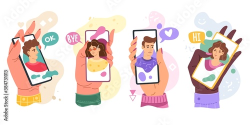 Chatting phones. Hands with smartphones video messaging. Phones screens with people faces, facetime video link apps, online communication with friend cartoon flat vector bright set