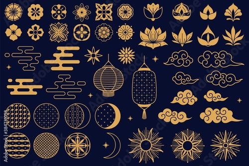Chinese elements. Asian new year gold decorative traditional oriental symbols, festive lanterns, lotus and sakura flowers, clouds and moon. Elegant line and silhouette golden vector set
