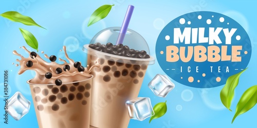 Bubble tea. Asian milk boba tea drink with tapioca pearls, plastic cup with cool beverage bubbles splash and closed glass sweet liquid dessert with balls, realistic vector horizontal flyer