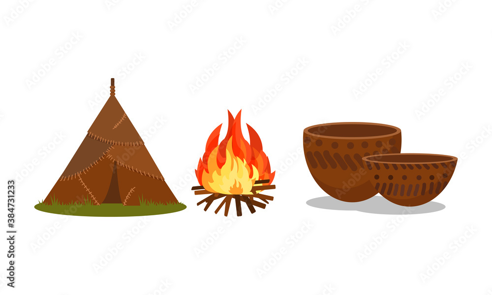 Stone Age Elements with Hut and Ceramic Bowls Vector Set Stone Age Elements with Hut and Ceramic Bowls Vector Set