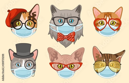 Cat in face mask. Cute heads cats muzzles in medical masks, happy pets portrait stickers, coronavirus social protection new lifestyle stop spread Covid-19 beware epidemic flat vector set
