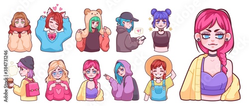 Anime girls. Adorable teenage asian models in japanese teen clothes and faces expressions and activities, profile portrait teenager characters sticker vector manga isolated characters