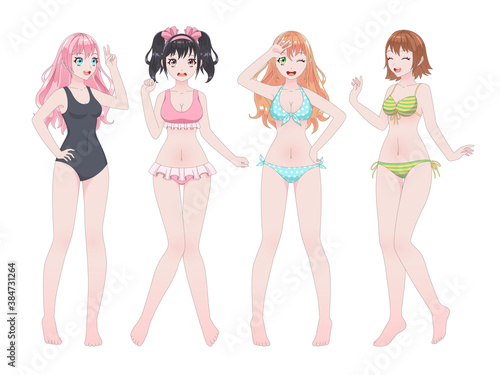 Anime manga girls in bikini. Comic japanese style beautiful smiling young beautiful women in beach swimsuit vector kawaii asian female teens sexy characters cartoon isolated set