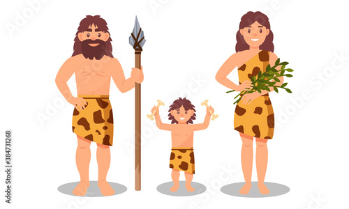 People Characters from Stone Age Wearing Animal Skin and Holding Spear Vector Illustration Set