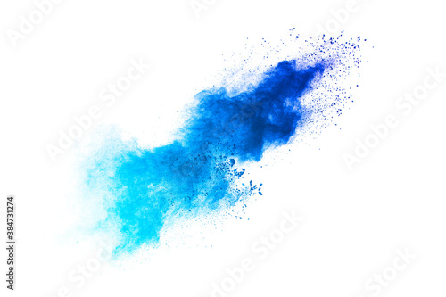 Splash of blue colored powder. Blue particles splatter on white blackground.