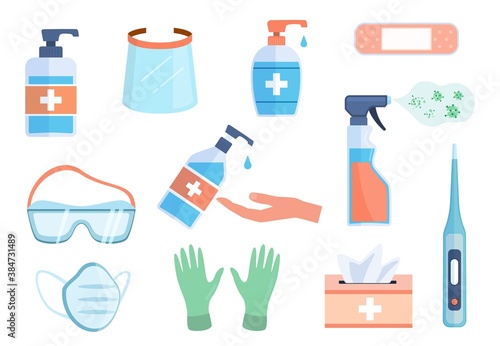 Ppe icons. Hand sanitizer bottles, antiseptic wipes and antibacterial liquid soap, med mask and respirator, gloves, personal hygiene and protective equipment vector flat cartoon set