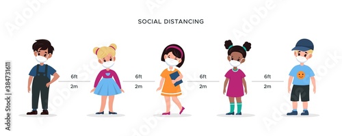 Social distance. Back to school kids wearing masks and safe distancing prevent virus, coronavirus protective stop spread Covid-19 new lifestyle beware epidemic flat vector illustration