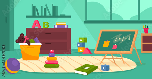 Kindergarten room. Kids playroom with toys, ball and books furniture without children. Preschool class empty nursery interior, playground and education area vector flat illustration