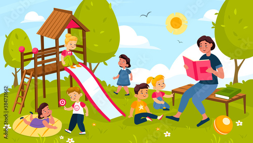 Kids playing outdoor. Cheerful preschool children and teacher in summer park playground, outdoor games slide and ball games, elementary education in kindergarten vector cartoon concept