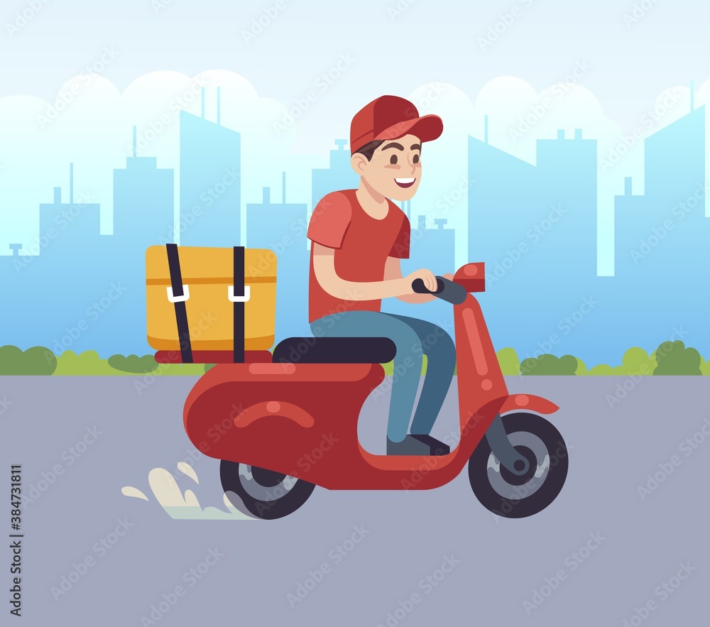 Scooter with delivery man. Fast courier, motorcycle driver to client. Courier on red scooter with box order or parcel on city landscape background, express shipping flat vector illustration