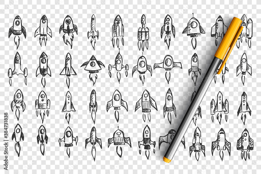 Rockets doodle set. Collection of hand drawn pencil sketches template ...