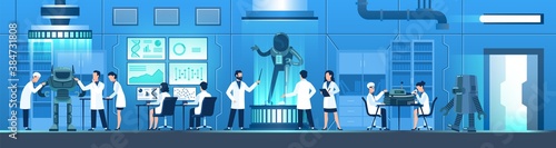 Science researching lab. People in white uniform create robot, researchers work on computers, doing modification tests, doctor and engineer scientist in laboratory vector flat illustration