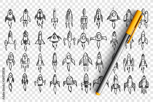 Rockets doodle set. Collection of hand drawn pencil sketches template patterns of spaceships in cosmos on transparent background. Illustration of business startup and creative thinking.