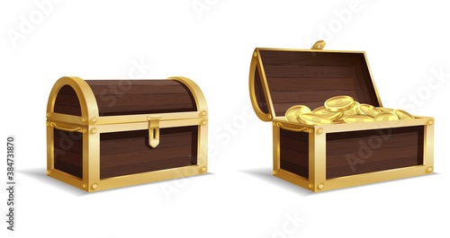 Two large chests. Open, closed chest, pile of gold coins inside vintage wooden trunk, medieval mystery pirate treasures, prize profit or success symbol vector set on white background