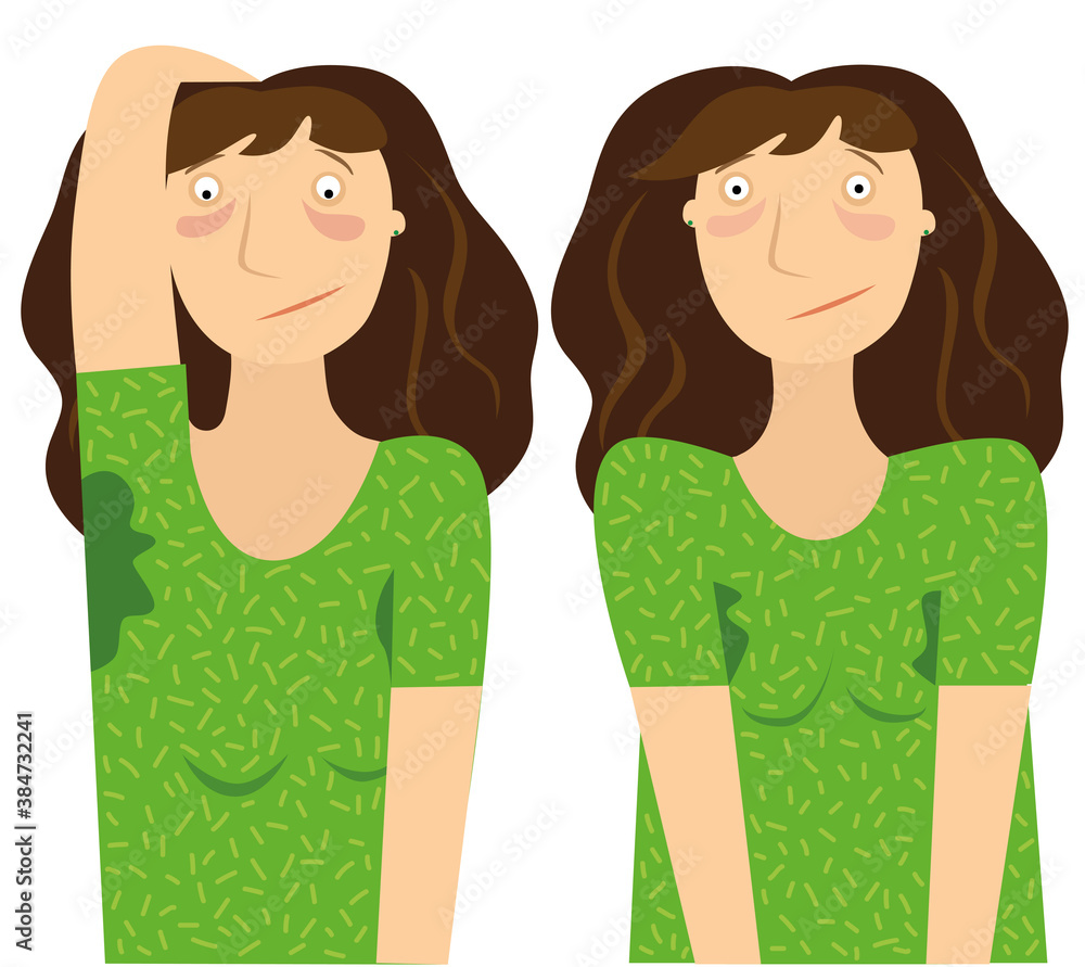 Young woman in a t-shirt with sweaty armpits Young woman in a t-shirt with sweaty armpits