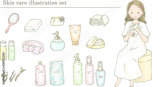 スキンケアする女性とスキンケア用品のイラストセット