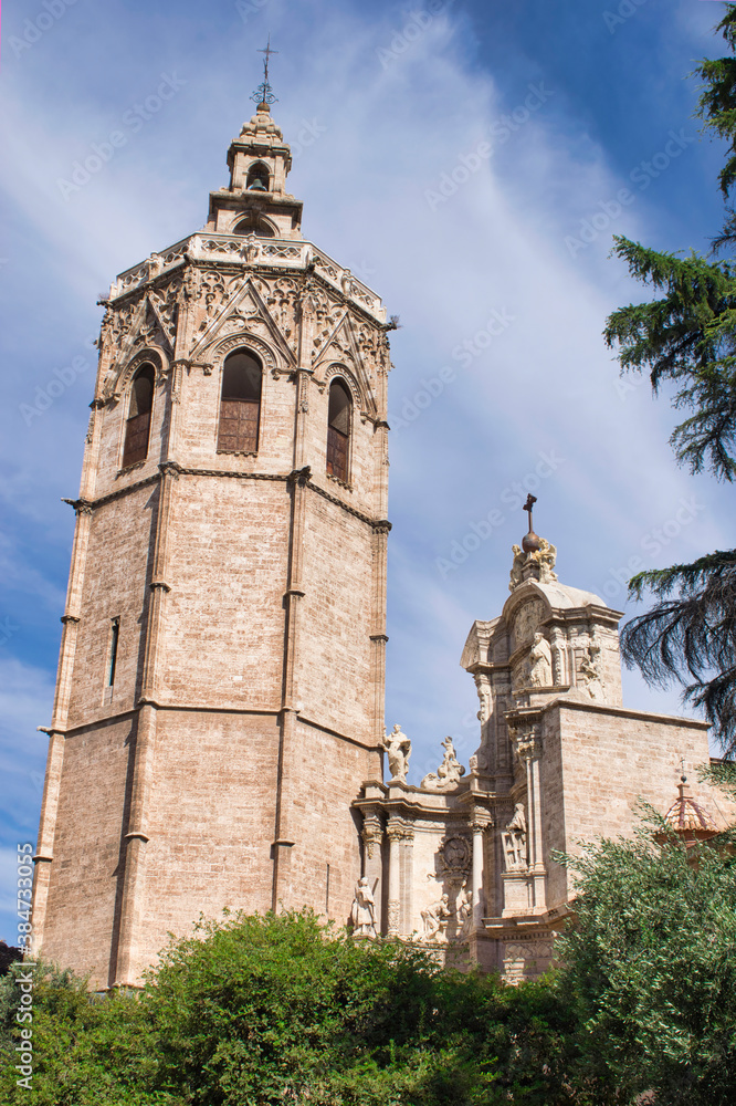 View of the Micalet, bell tower of the Cathedral of Valencia from the Virgin square