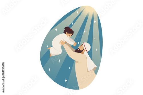 Love, fatherhood, childhood, family concept. Young arab man muslim cartoon character holding playing with happy smiling child kid boy toddler son together. Fathers day and parenthood illustration.