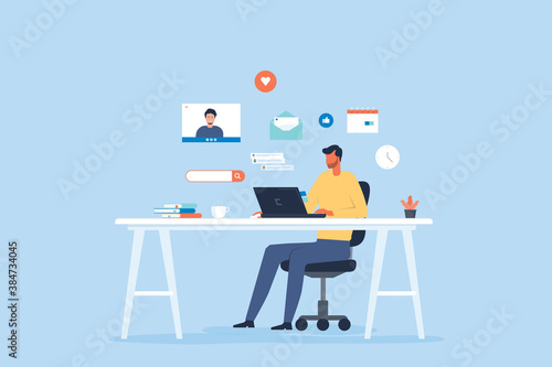 flat vector businessman work from home workplace concept and business smart working online connect anywhere concept