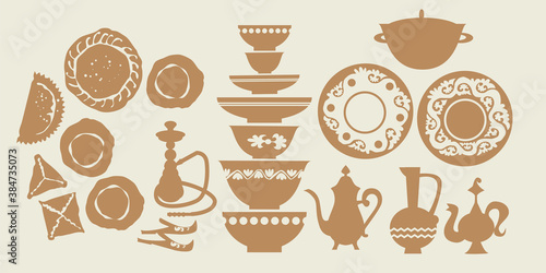 Middle east food and dishes silhouette icons set