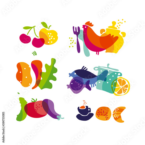 Colorful food and product silhouette icons set
