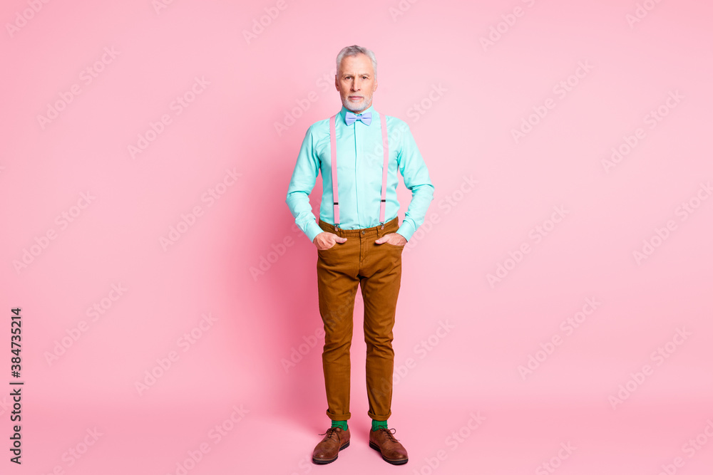 Full length body size portrait of man wearing colorful outfit bowtie standing put hands in pockets isolated on pink color background