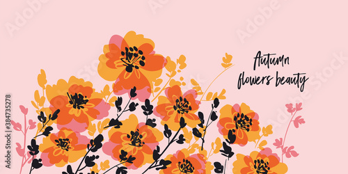 Autumn hand drawn flowers in orange and black