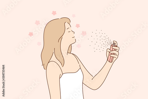 Beauty, fashion, spray, advertising concept. Young happy cheerful smiling beautiful woman girl cartoon character spraying applying perfume with magnificent scent on skin. Cologne ads illustration.