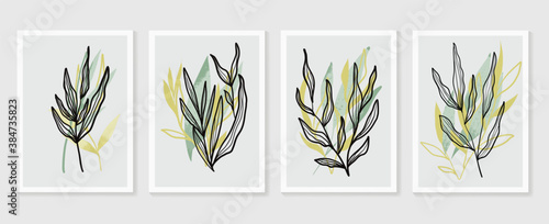 Botanical wall art vector set. Earth tone boho foliage line art drawing with  abstract shape.  Abstract Plant Art design for print, cover, wallpaper, Minimal and  natural wall art..