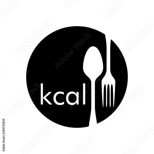 Logotipo con texto kcal en círculo con cubiertos en color negro