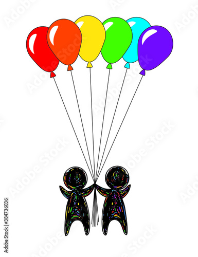 symbol of free choice, two little black men stand side by side and hold a bunch of balloons in lgbt community color, vector illustration