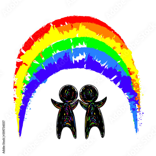 symbol of free choice, two little black men stand under a rainbow with lgbt community colors, vector illustration