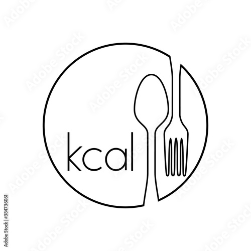 Logotipo lineal con texto kcal en círculo con cubiertos en color negro