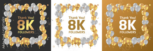 Thank you, 8k or eight thousand followers or subscribers celebration design. Social media background made of gold black and white balloon. Vector illustration.