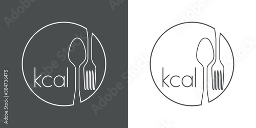 Logotipo lineal con texto kcal en círculo con cubiertos en fondo gris y fondo blanco